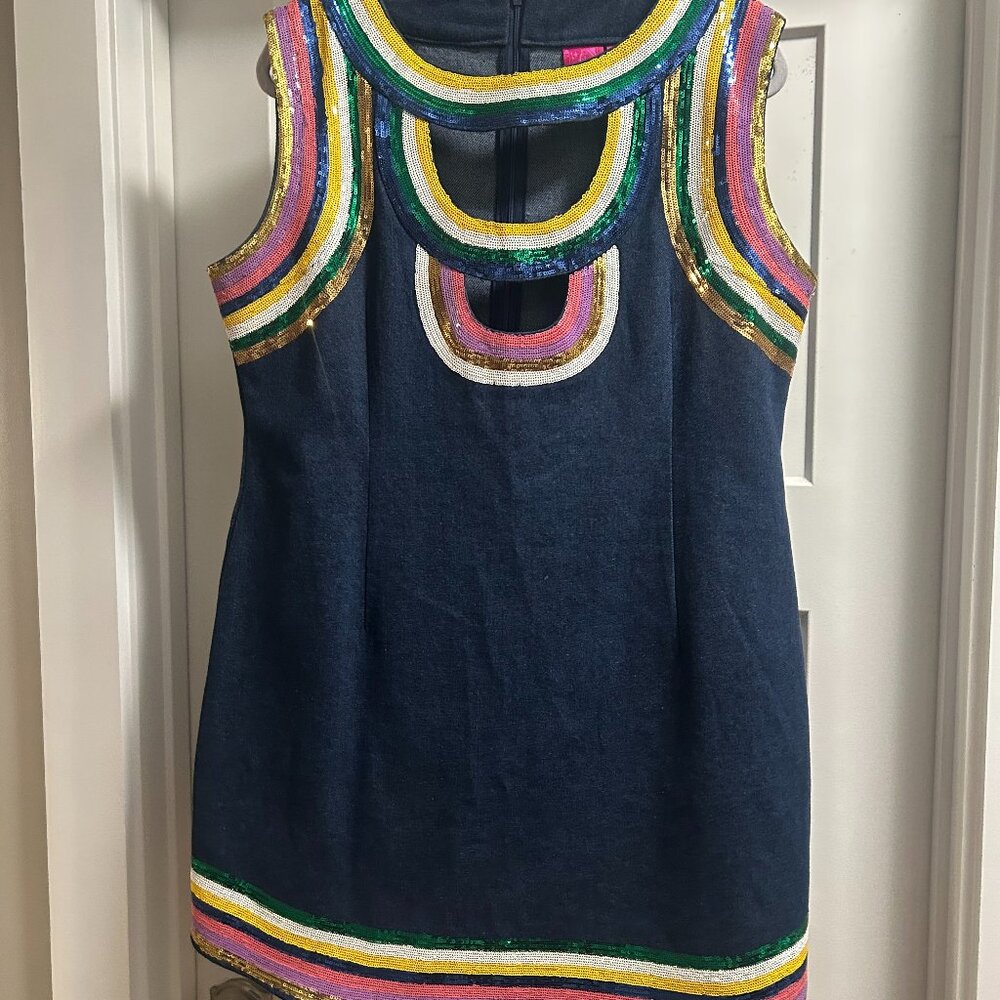 QUEEN OF SPARKLES NWOT DENIM MULTI COLOR SEQUIN DRESS
